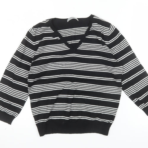 Marks and Spencer Womens Black White Striped V-Neck Knit Jumper UK 16