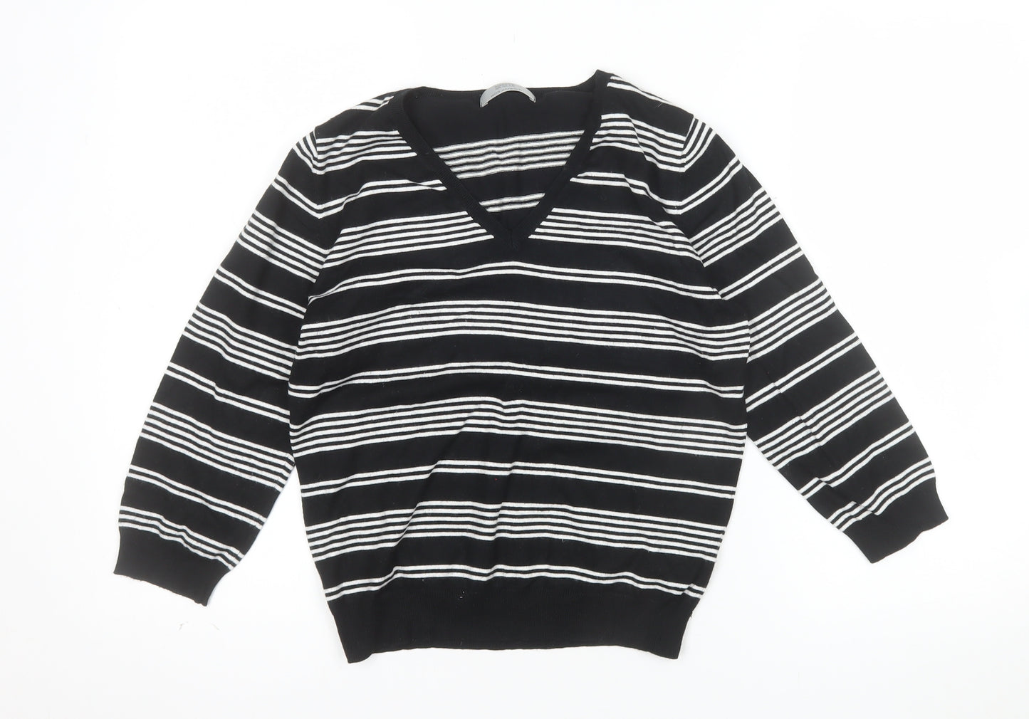 Marks and Spencer Womens Black White Striped V-Neck Knit Jumper UK 16