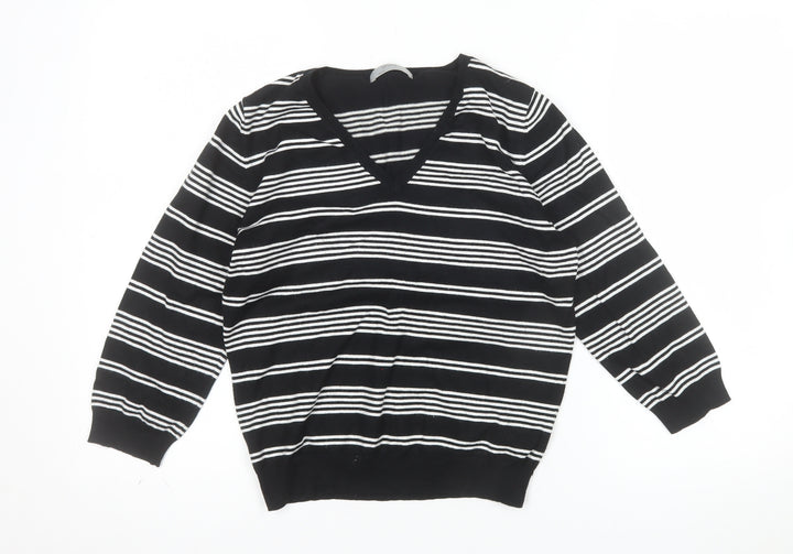 Marks and Spencer Womens Black White Striped V-Neck Knit Jumper UK 16