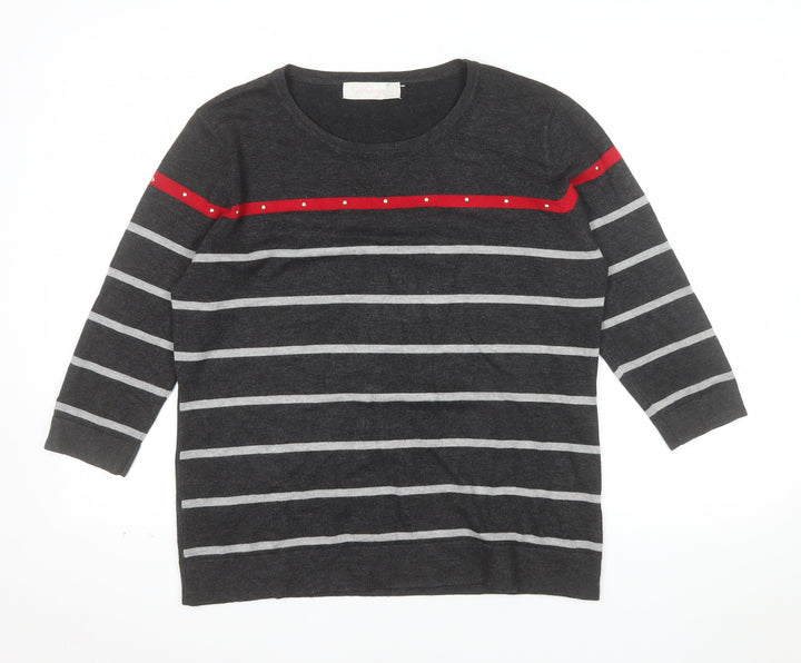 Fabrizio Women’s Grey Striped 3/4 Sleeve Pullover Jumper L