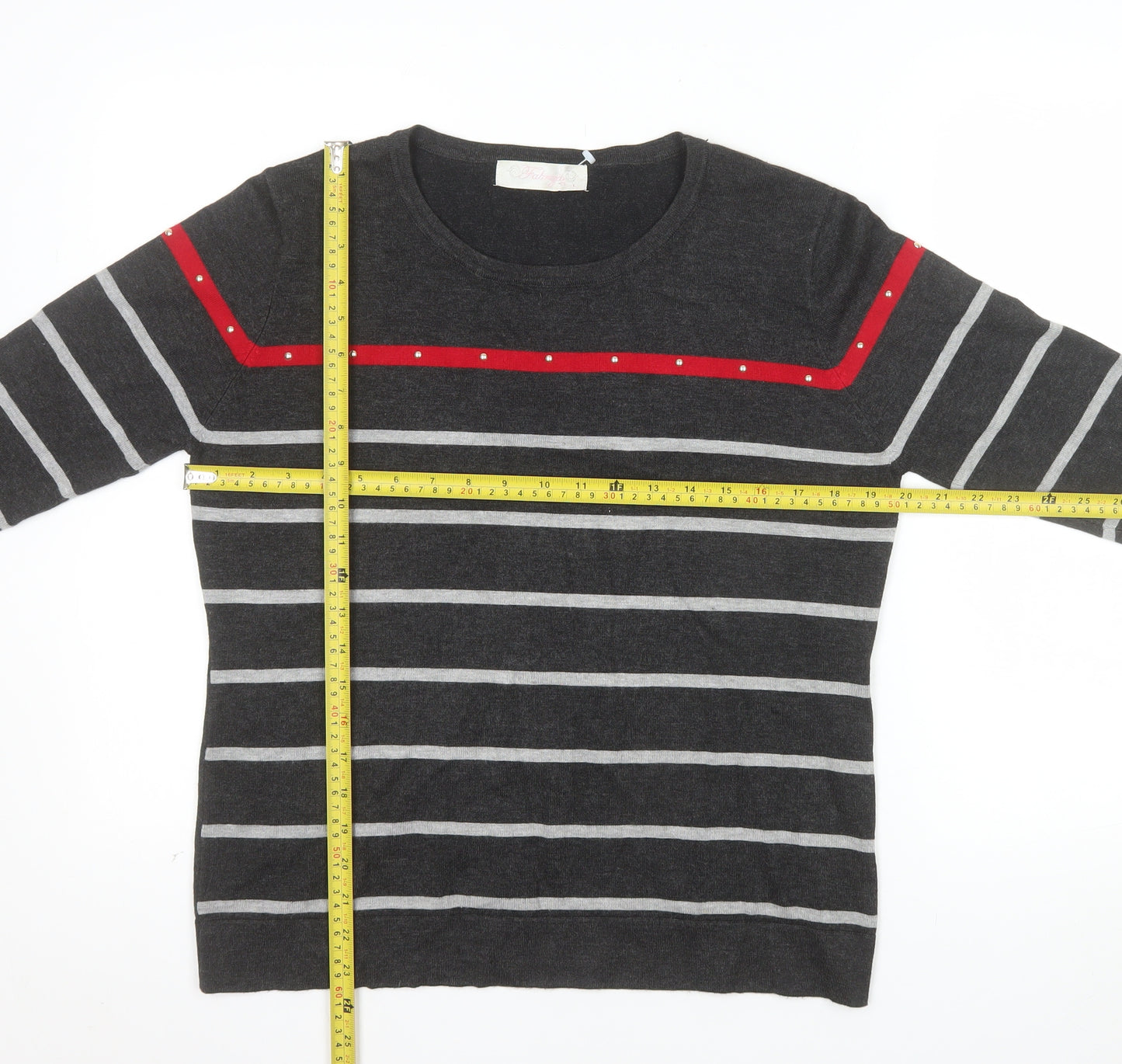 Fabrizio Women’s Grey Striped 3/4 Sleeve Pullover Jumper L