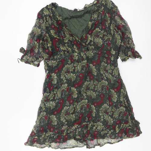 Rocha.John Rocha Women Green Floral Ruffle V-Neck Wrap Blouse Size 12