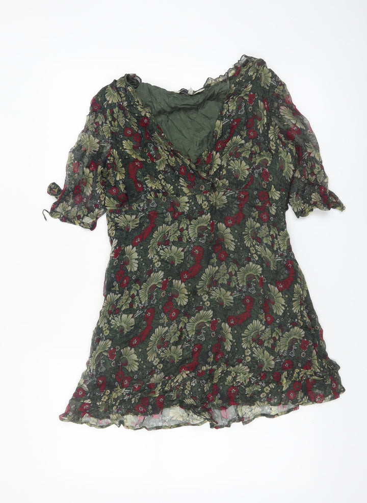 Rocha.John Rocha Women Green Floral Ruffle V-Neck Wrap Blouse Size 12