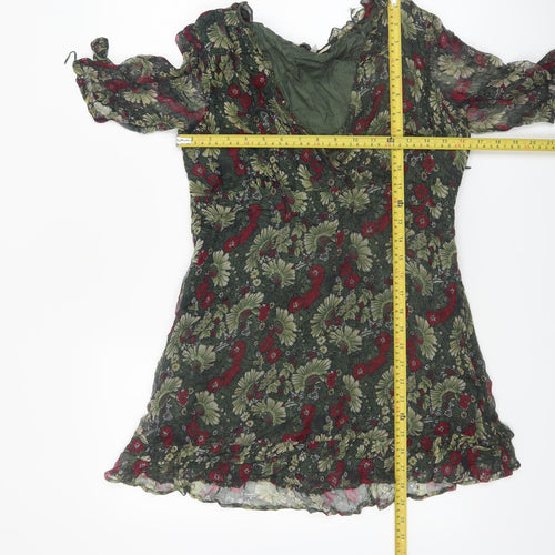 Rocha.John Rocha Women Green Floral Ruffle V-Neck Wrap Blouse Size 12