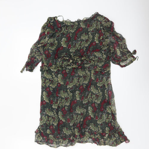 Rocha.John Rocha Women Green Floral Ruffle V-Neck Wrap Blouse Size 12