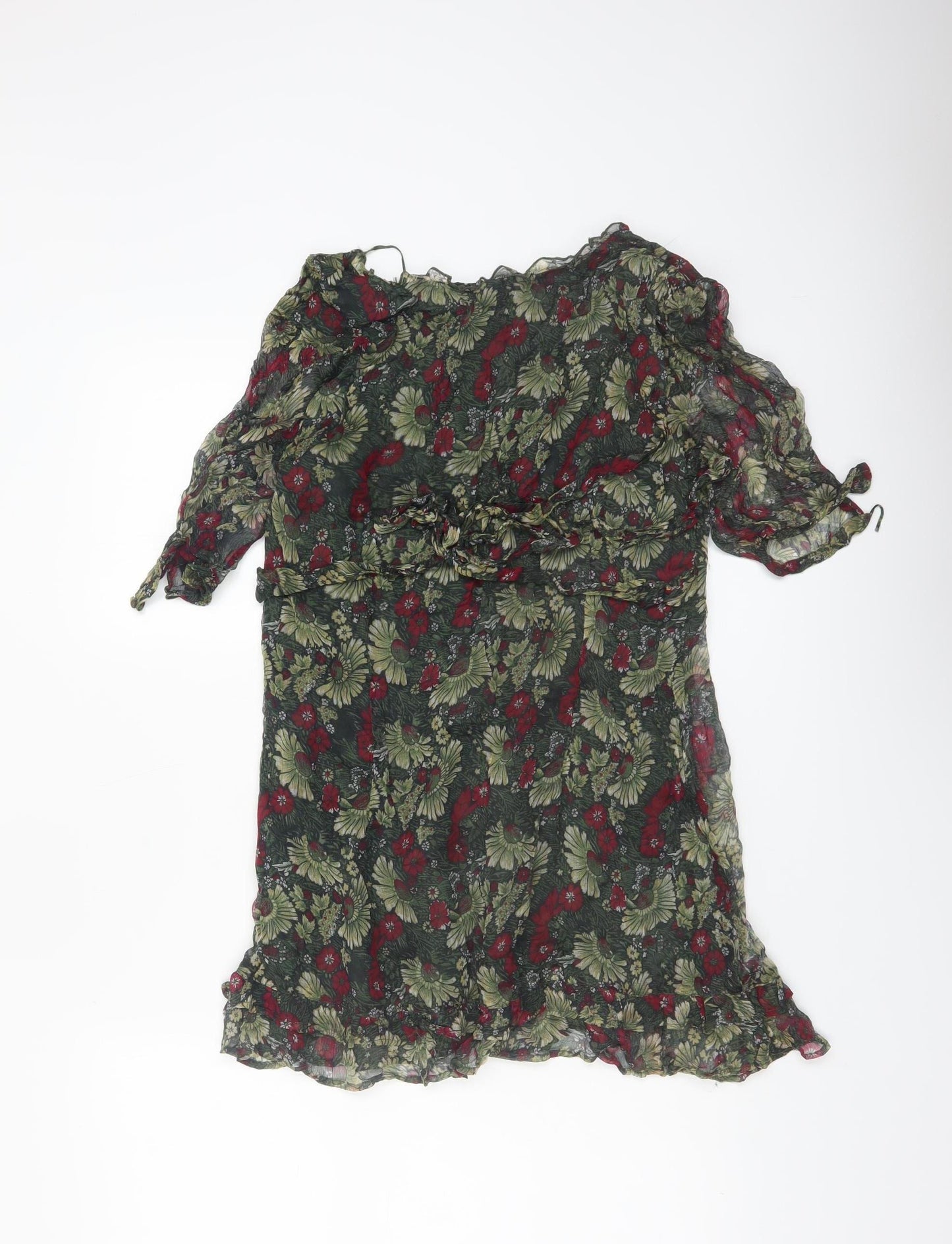 Rocha.John Rocha Women Green Floral Ruffle V-Neck Wrap Blouse Size 12