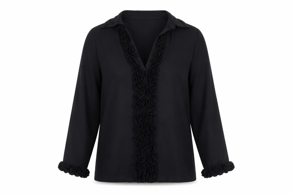 Next Women Black Long Sleeve Ruffle V-Neck Tunic Blouse UK 12