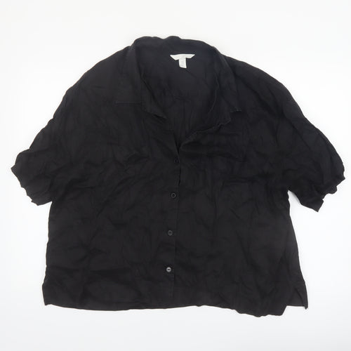 H&M Women Black Linen Short Sleeve Collared Button-Up Shirt Size 14