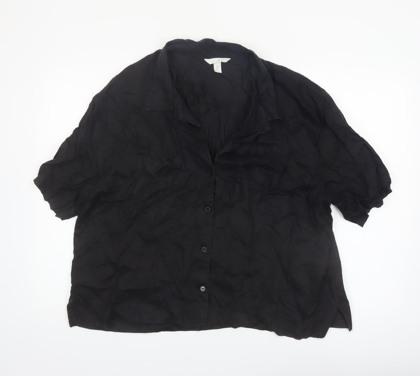 H&M Women Black Linen Short Sleeve Collared Button-Up Shirt Size 14