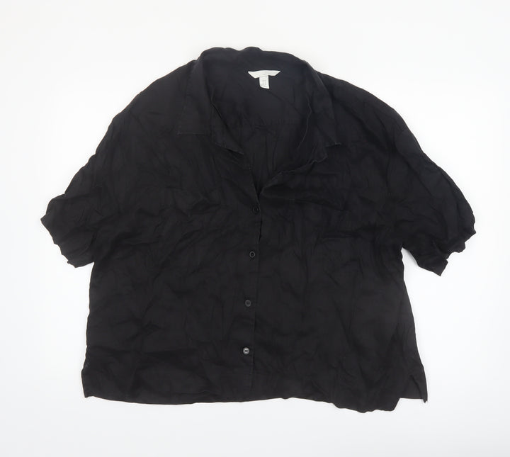 H&M Women Black Linen Short Sleeve Collared Button-Up Shirt Size 14
