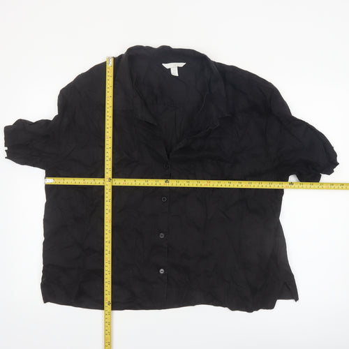 H&M Women Black Linen Short Sleeve Collared Button-Up Shirt Size 14