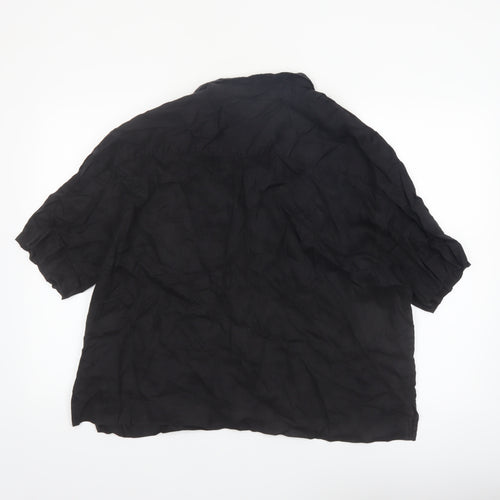 H&M Women Black Linen Short Sleeve Collared Button-Up Shirt Size 14