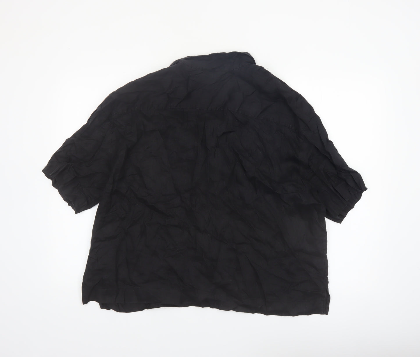 H&M Women Black Linen Short Sleeve Collared Button-Up Shirt Size 14