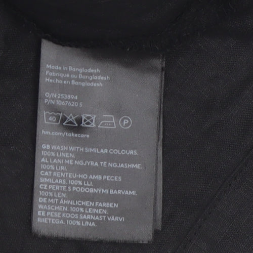 H&M Women Black Linen Short Sleeve Collared Button-Up Shirt Size 14