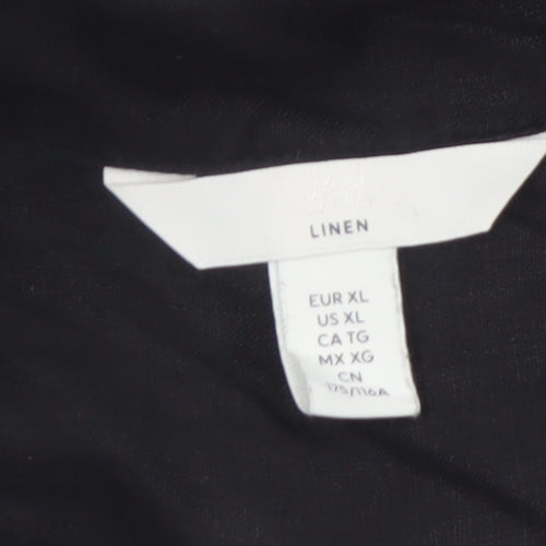H&M Women Black Linen Short Sleeve Collared Button-Up Shirt Size 14