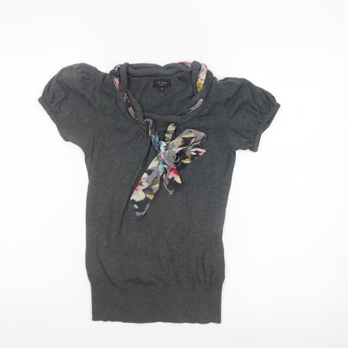 Ted Baker Women's Grey Short Sleeve Bow Neck Cotton Silk Jumper Size 6