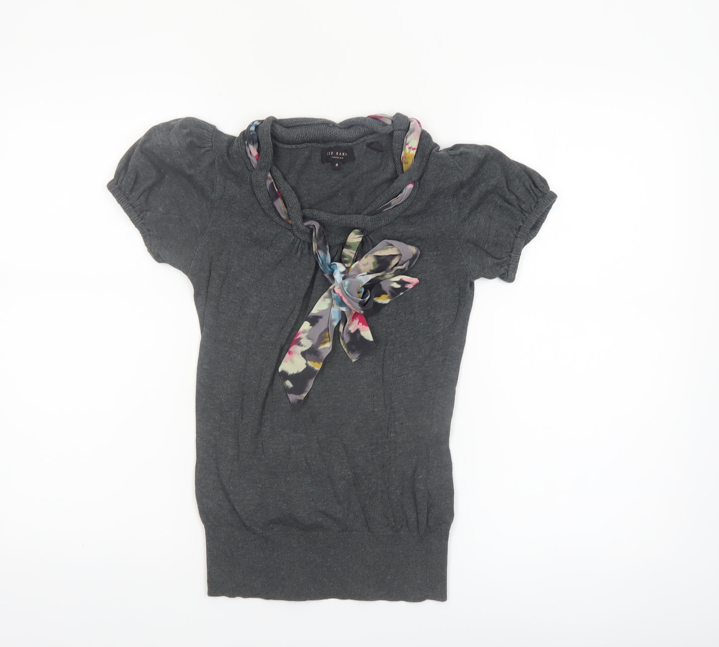 Ted Baker Women's Grey Short Sleeve Bow Neck Cotton Silk Jumper Size 6