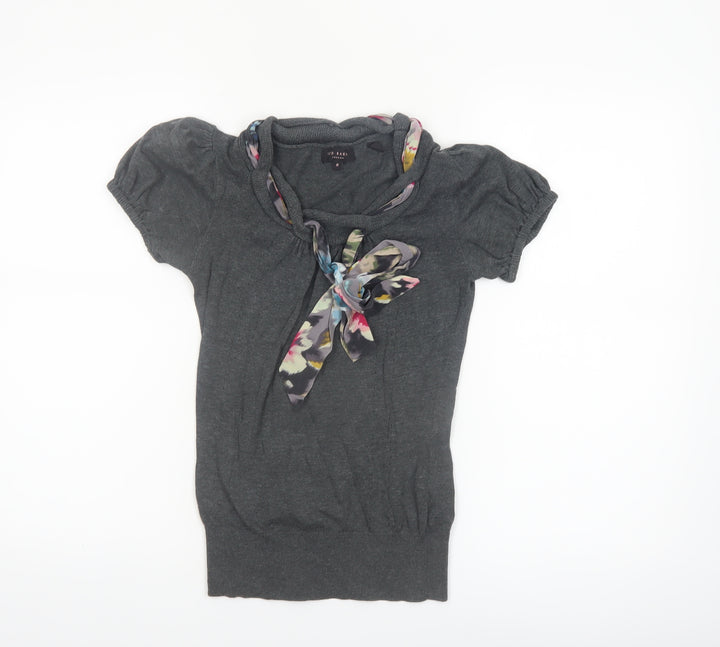 Ted Baker Women's Grey Short Sleeve Bow Neck Cotton Silk Jumper Size 6