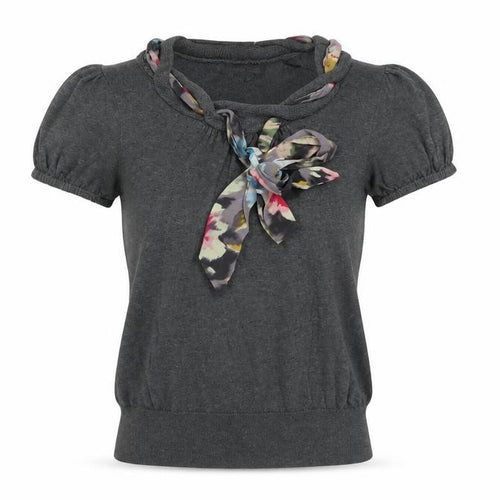 Ted Baker Women's Grey Short Sleeve Bow Neck Cotton Silk Jumper Size 6