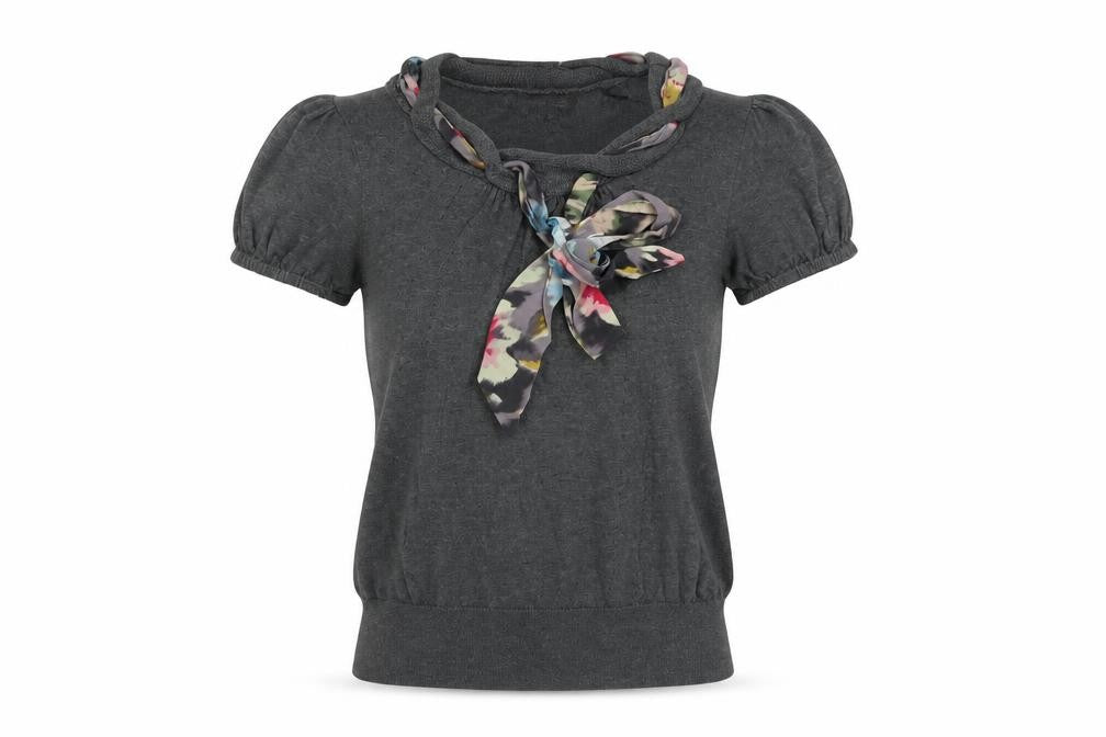 Ted Baker Women's Grey Short Sleeve Bow Neck Cotton Silk Jumper Size 6