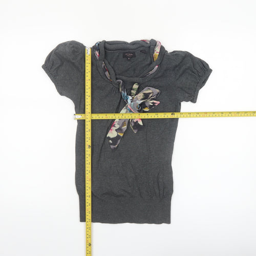 Ted Baker Women's Grey Short Sleeve Bow Neck Cotton Silk Jumper Size 6