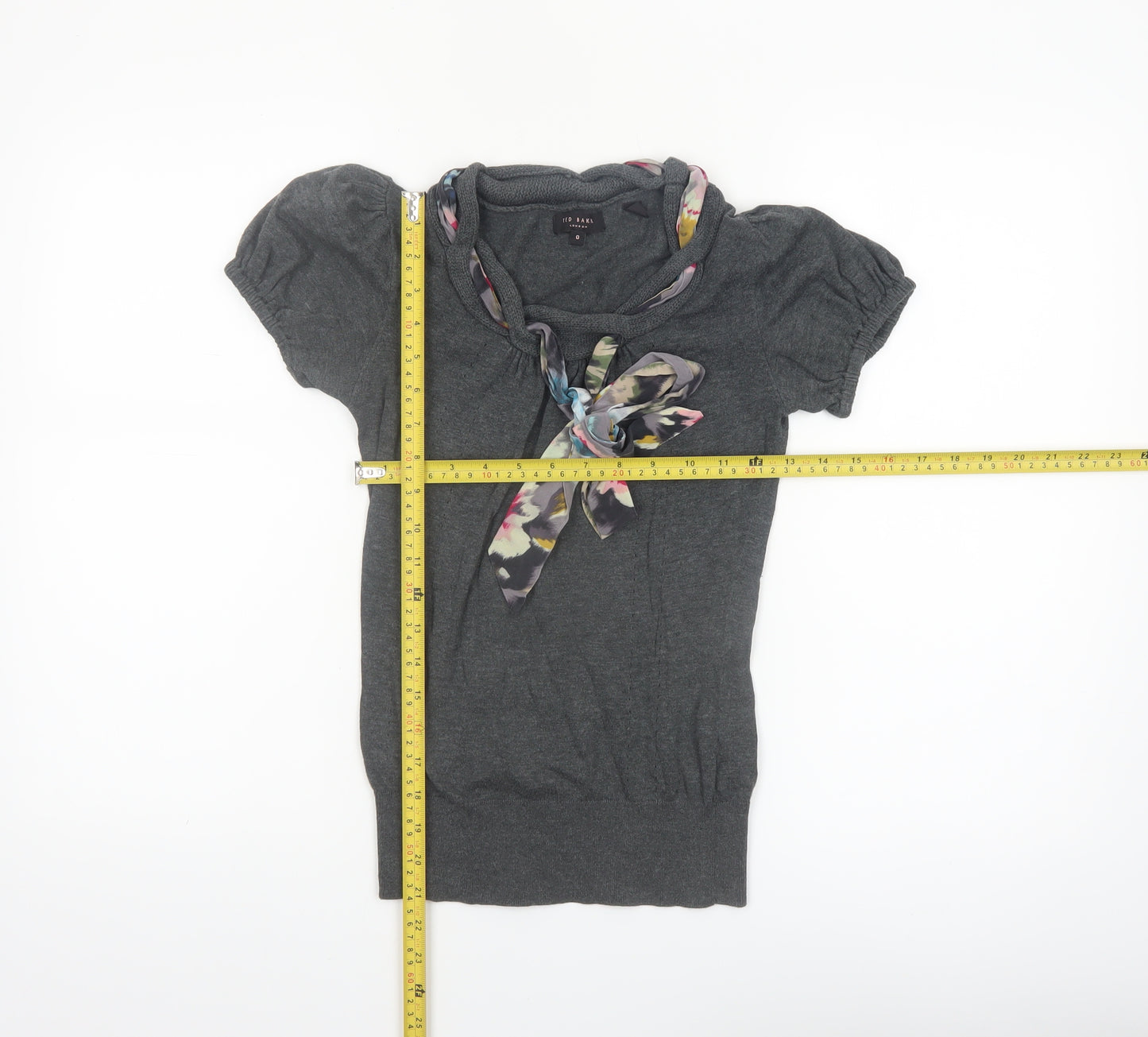 Ted Baker Women's Grey Short Sleeve Bow Neck Cotton Silk Jumper Size 6