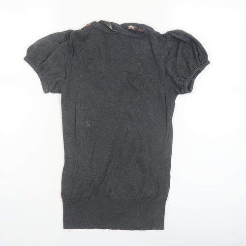 Ted Baker Women's Grey Short Sleeve Bow Neck Cotton Silk Jumper Size 6