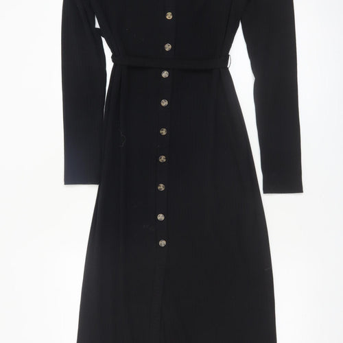 George Women Black Midi Belted Button Down Shirt Dress Size 10