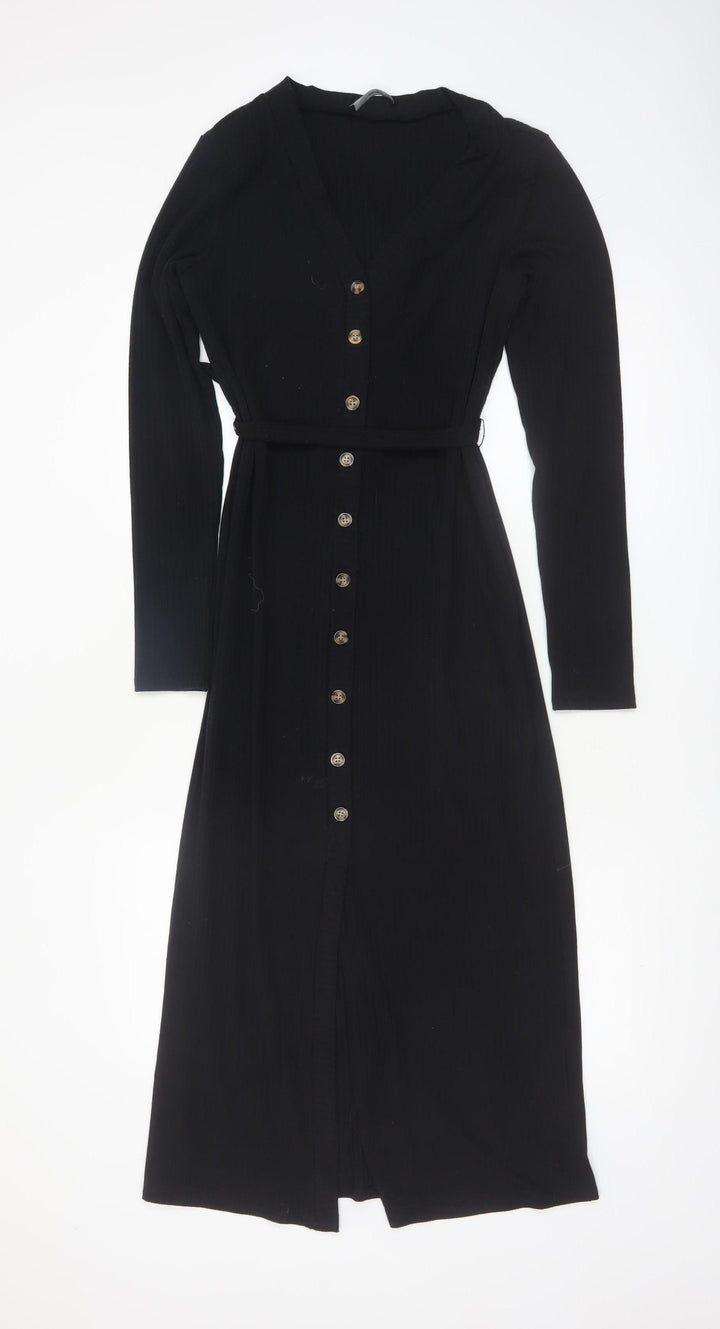 George Women Black Midi Belted Button Down Shirt Dress Size 10