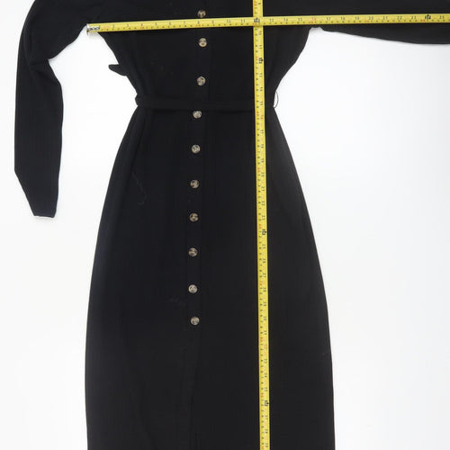 George Women Black Midi Belted Button Down Shirt Dress Size 10