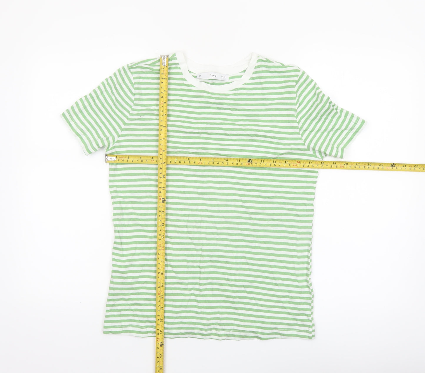 MNG Women's Green White Striped Cotton T-Shirt Size 12
