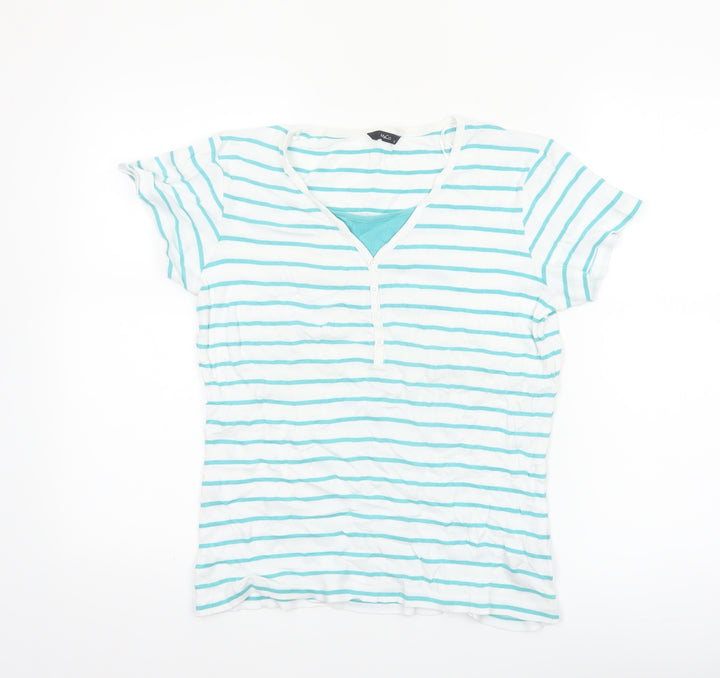 M&Co Womens White Striped V-Neck Cotton Short Sleeve T-Shirt Size 14