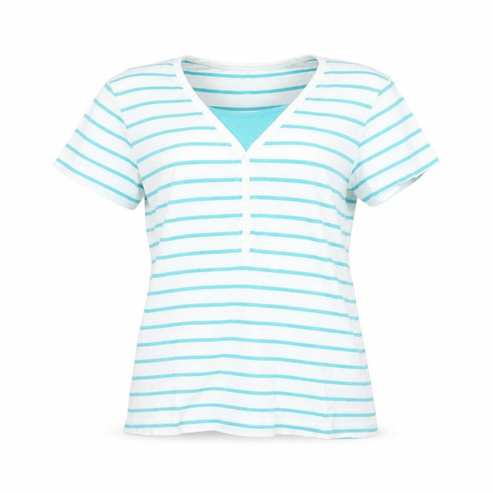 M&Co Womens White Striped V-Neck Cotton Short Sleeve T-Shirt Size 14