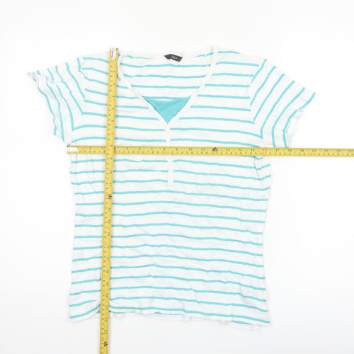 M&Co Womens White Striped V-Neck Cotton Short Sleeve T-Shirt Size 14