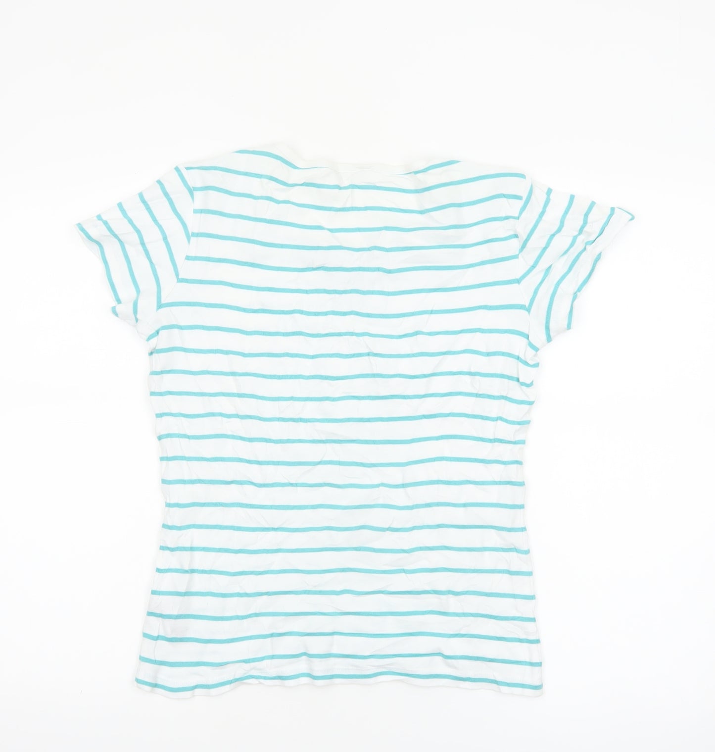M&Co Womens White Striped V-Neck Cotton Short Sleeve T-Shirt Size 14