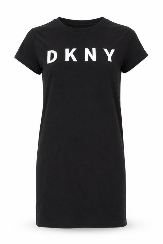 Front view of DKNY Women’s Black T-Shirt Dress S Short Sleeve Jersey Logo