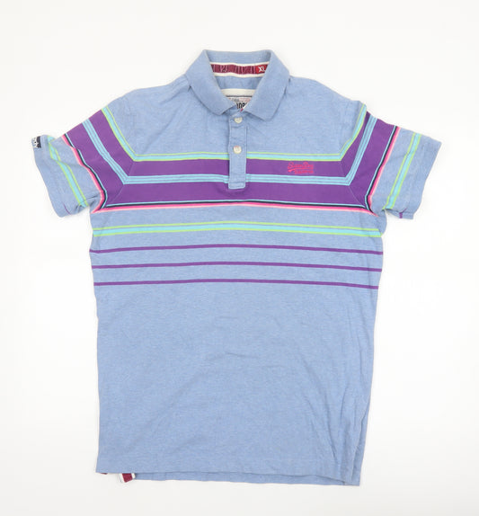 Superdry Men's Blue Striped Cotton Polo Shirt Size XL Classic Fit