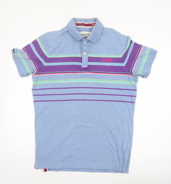 Superdry Men's Blue Striped Cotton Polo Shirt Size XL Classic Fit