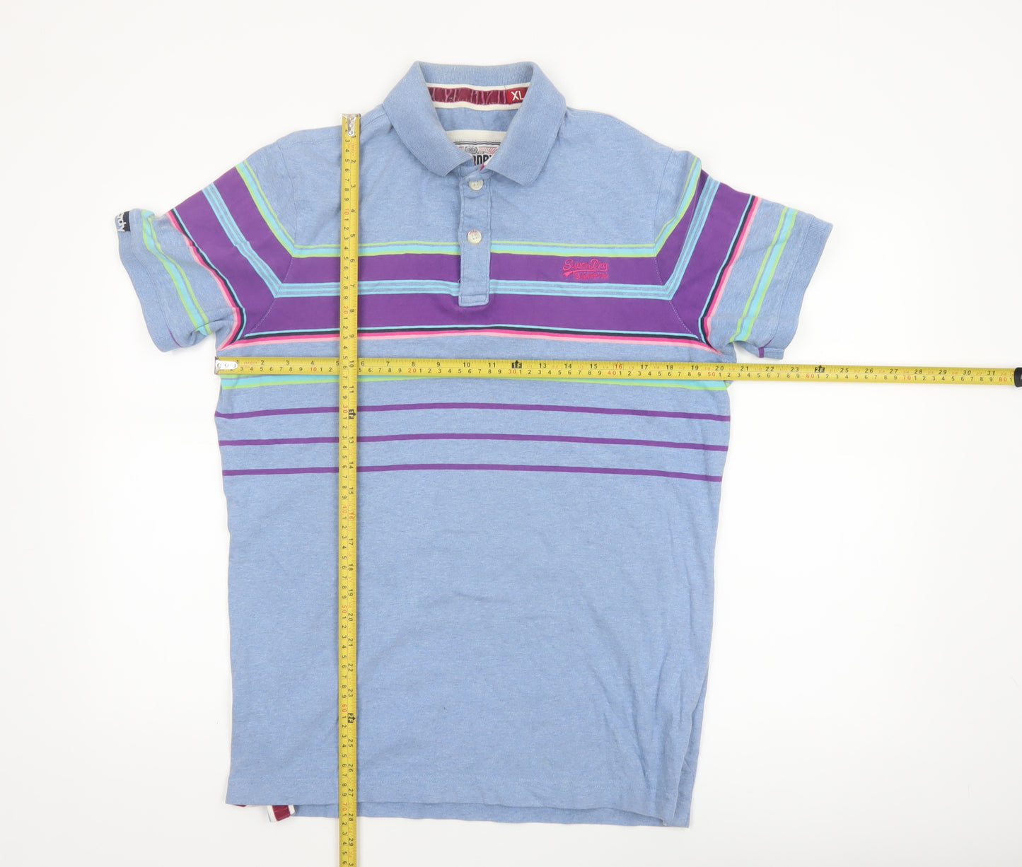 Superdry Men's Blue Striped Cotton Polo Shirt Size XL Classic Fit