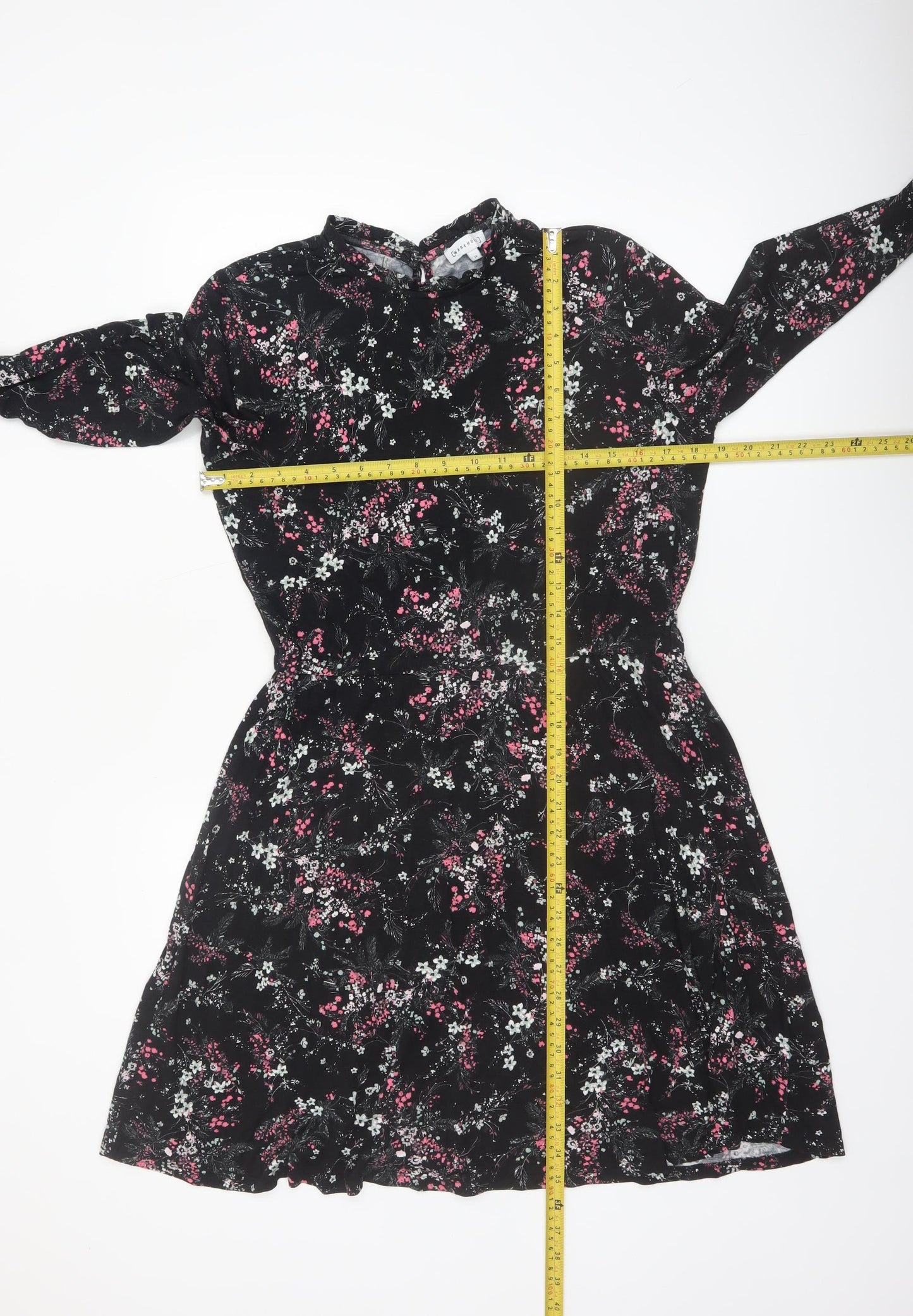 Warehouse Women’s Black Floral Long Sleeve A-Line Dress Size 14