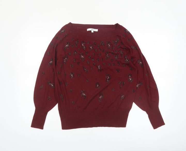 NEXT Women’s Red Beaded Animal Print Boat Neck Jumper Size S