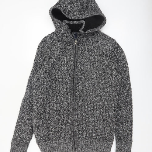 Kensington Eastside Men's Grey Chunky-Knit Full Zip Hooded Jumper L