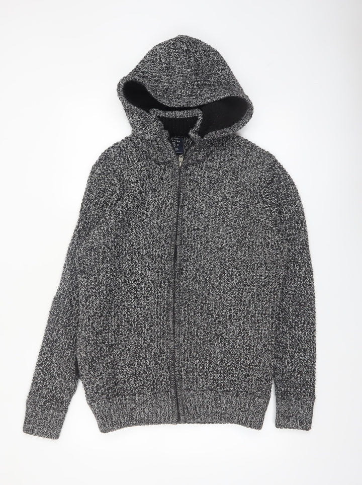 Kensington Eastside Men's Grey Chunky-Knit Full Zip Hooded Jumper L