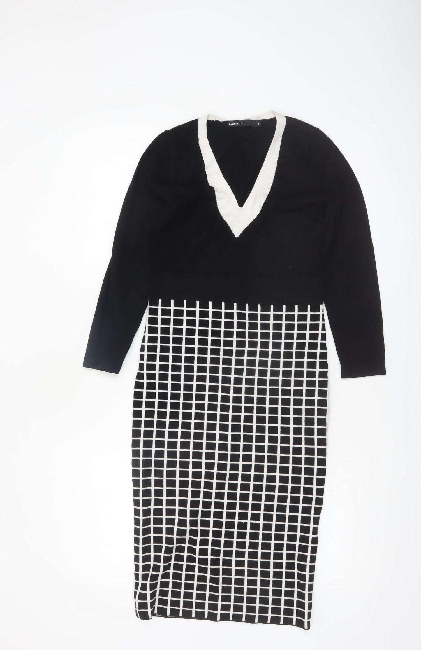 Karen Millen Women's Black Check Knit Bodycon Midi Dress Size S