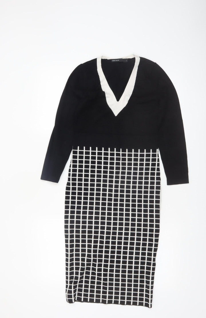 Karen Millen Women's Black Check Knit Bodycon Midi Dress Size S
