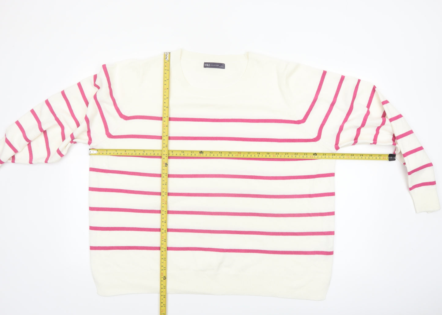 Marks and Spencer Women Ivory Pink Striped Crew Neck Jumper Size 24