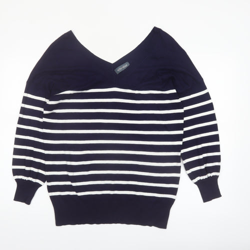 Sosandar Women’s Blue White Striped V-Neck Knit Jumper Size S