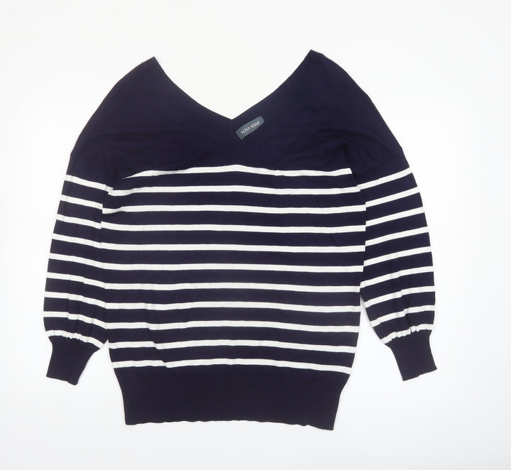 Sosandar Women’s Blue White Striped V-Neck Knit Jumper Size S