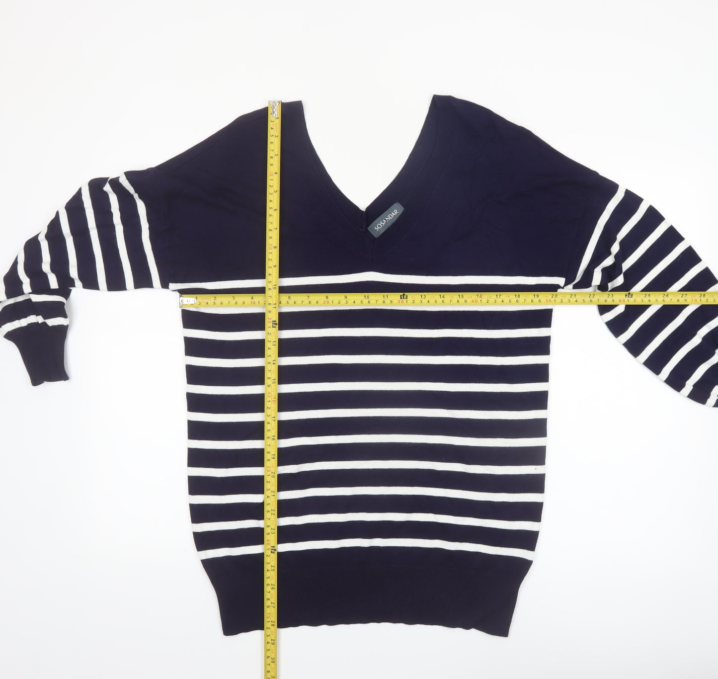 Sosandar Women’s Blue White Striped V-Neck Knit Jumper Size S
