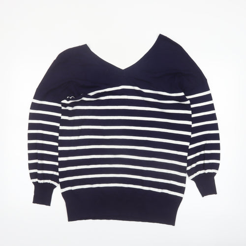 Sosandar Women’s Blue White Striped V-Neck Knit Jumper Size S
